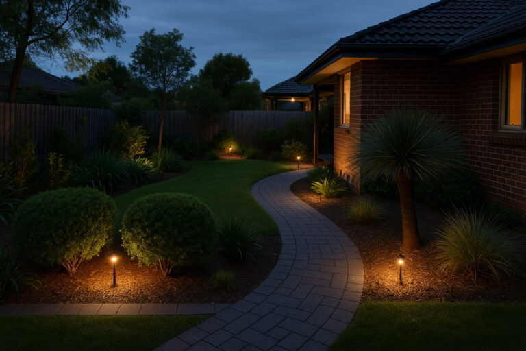 Suburban Front Yard with Landscape Lighting